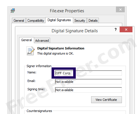 Screenshot of the OFF Corp. certificate